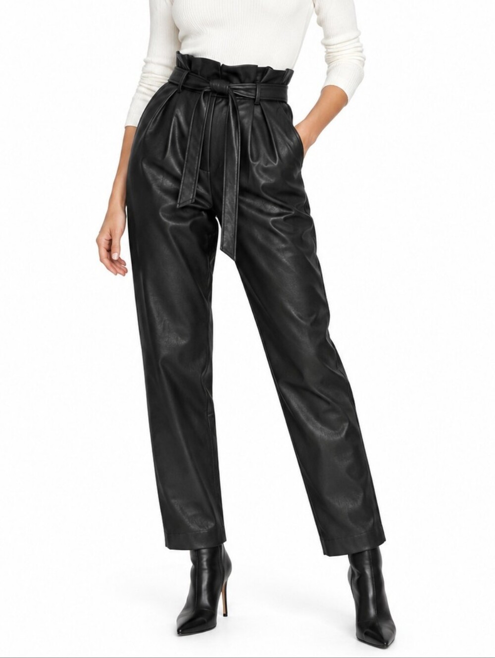 DKNY Black Faux Leather Paperbag Waist Ankle Pants 12